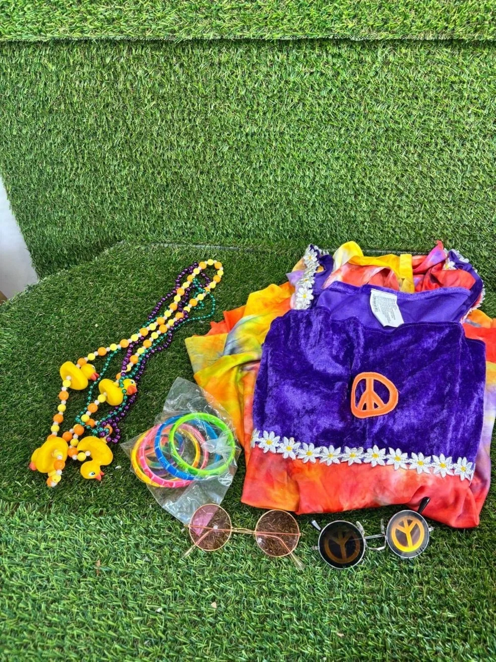 Girls Hippie Costume Set Tie Dye Velvet Dress Accessories 60s 70s Full Kit